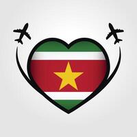 Surinam viaje corazón bandera con avión íconos vector