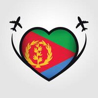 eritrea viaje corazón bandera con avión íconos vector