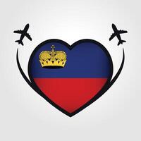 Liechtenstein viaje corazón bandera con avión íconos vector