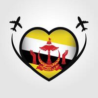 Brunei Travel Heart Flag With Airplane Icons vector