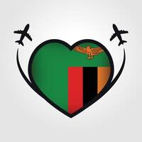 Zambia viaje corazón bandera con avión íconos vector