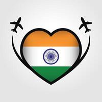 India viaje corazón bandera con avión íconos vector