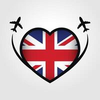 United Kingdom Travel Heart Flag With Airplane Icons vector