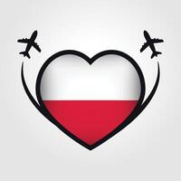 Polonia viaje corazón bandera con avión íconos vector