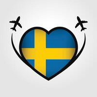 Sweden Travel Heart Flag With Airplane Icons vector