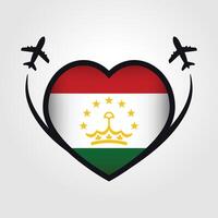 Tajikistan Travel Heart Flag With Airplane Icons vector