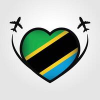 Tanzania viaje corazón bandera con avión íconos vector