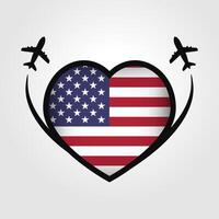 Estados Unidos viaje corazón bandera con avión íconos vector