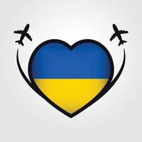 Ucrania viaje corazón bandera con avión íconos vector