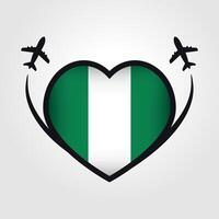 Nigeria viaje corazón bandera con avión íconos vector