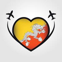 Bután viaje corazón bandera con avión íconos vector