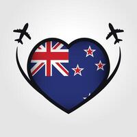 nuevo Zelanda viaje corazón bandera con avión íconos vector