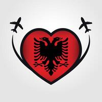 Albania viaje corazón bandera con avión íconos vector