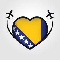 bosnia y herzegovina viaje corazón bandera con avión íconos vector