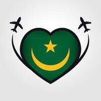 Mauritania viaje corazón bandera con avión íconos vector