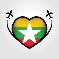 myanmar viaje corazón bandera con avión íconos vector