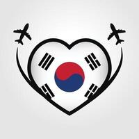 sur Corea viaje corazón bandera con avión íconos vector