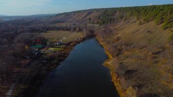 Autumn Overlook Aerial Views of Volga River, Russian Forest, and Mountains in Warm Glow video