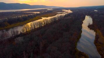 Autumn Overlook Aerial Views of Volga River, Russian Forest, and Mountains in Warm Glow video