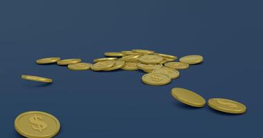 3d animation of gold dollar coin on blue background, wealth asset, metal money, 4k symbol, 3d rendering video