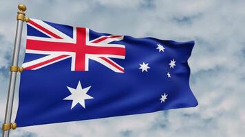 Australian flag fluttering in the wind on white clouds background, symbol of the country of Australia. 3d rendering video