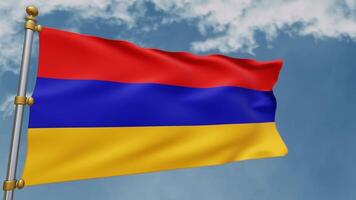 Armenian flag fluttering in the wind on white clouds background, symbol of the country of armenia. 3d rendering video