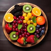 A Round Wooden Plate of Fruit With a Bunch of Grapes and Oranges photo