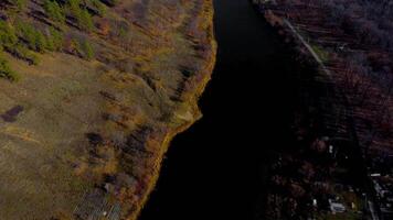 outono tapeçaria aéreo Visualizações do Rússia natureza zangão cenas sobre Volga rio, floresta, e montanhas. Grushinsky festival Prado dentro caloroso brilho video