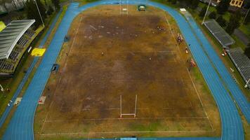 Drone footage stadium Rugby Stadium. Regby Field. Foto dal drone della partita U18 RSD 1981 vs ASR Milano. Rugby San Donato 1981. Italia, Lombardia, San Donato Milanese 11.02.2024 video