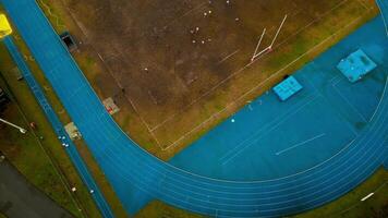 Drone footage stadium Rugby Stadium. Regby Field. Foto dal drone della partita U18 RSD 1981 vs ASR Milano. Rugby San Donato 1981. Italia, Lombardia, San Donato Milanese 11.02.2024 video