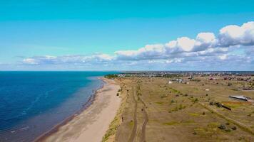 aerial view of the Volga river shore in autumn, Togliatti, Russia. Countryside in autumn near a big river bird's eye view. View of Nature on a warm autumn day video