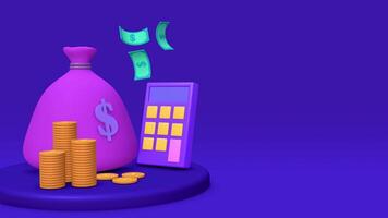 Animated illustration of wealth in the form of money in sacks, gold coins and calculator, purple template with negative space, business advertising banner, passive income investment video