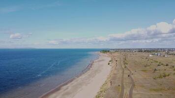 aerial view of the Volga river shore in autumn, Togliatti, Russia. Countryside in autumn near a big river bird's eye view. View of Nature on a warm autumn day video
