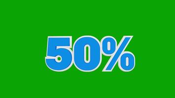 Number fifty percent shape 3d animation in white and blue colors on a green background video