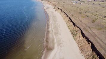 aerial view of the Volga river shore in autumn, Togliatti, Russia. Countryside in autumn near a big river bird's eye view. View of Nature on a warm autumn day video