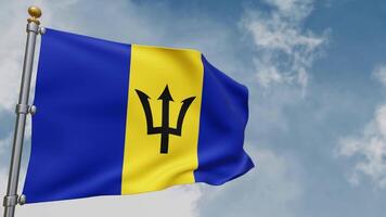 3D animation of the Barbados flag fluttering in the wind on a background of white clouds and blue sky, the symbol of the country of Barbados, Barbados Independence Day. 3d rendering video