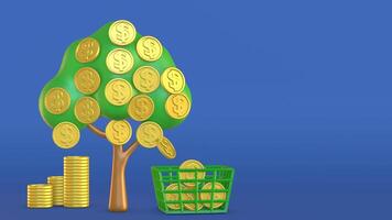 Animated illustration of money tree with negative space on the right, harvesting investment business income, gold coins falling in a basket video