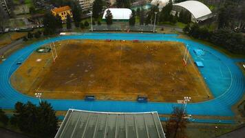 Drone footage stadium Rugby Stadium. Regby Field. Foto dal drone della partita U18 RSD 1981 vs ASR Milano. Rugby San Donato 1981. Italia, Lombardia, San Donato Milanese 11.02.2024 video