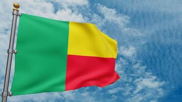 Benin country flag fluttering in the wind on a background of white clouds. 3d rendering video