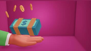 ilustración de mano presentación billetes y monedas en 3d animación, garantizar de poder, financiero futuro, pasivo ingresos activo, negativo espacio plantilla, 4k animación, 3d representación video