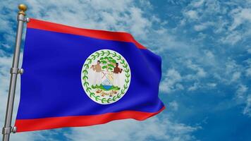 3D animation of the Belize flag fluttering in the wind on a background of white clouds and blue sky, the symbol of the country of Belize, Belize Independence Day. 3d rendering video