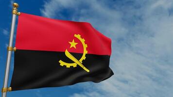 Angolan flag fluttering in the wind on a background of white clouds, symbol of the country of Angola. 3d rendering video