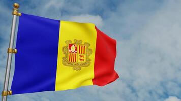 3D animation of Andorra's state flag fluttering in the wind against a background of white clouds and blue sky, coat of arms of Andorra, Andorran Independence Day. 3d rendering video