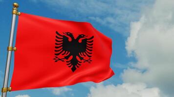 Albanian flag fluttering in the wind on white clouds background, symbol of the country of albania. 3d rendering video