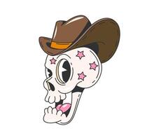 Cartoon groovy Wild West cowboy skull character vector