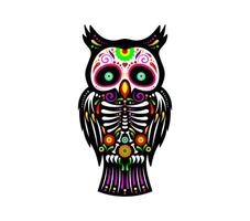 Mexican owl bird tattoo with skull, skeleton bones vector