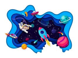 Cartoon kid astronaut in space paper cut landscape vector