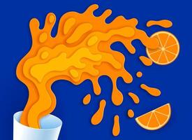 Paper cut orange juice splash, 3d splashing vector