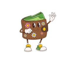 Cartoon retro groovy wallet character waving hand vector