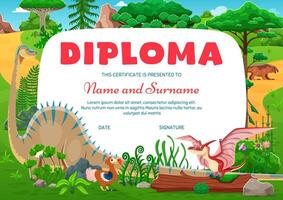 Kids diploma, cartoon funny dinosaurs characters vector